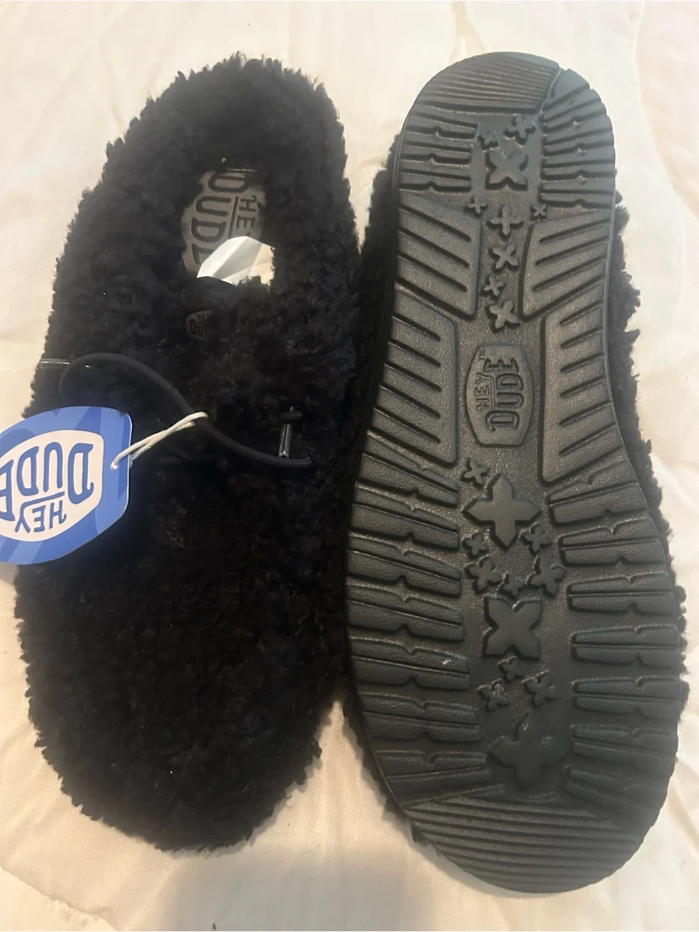 Hey Dude Kids Black Fuzzy Slip-Ons with Elastic Lacing